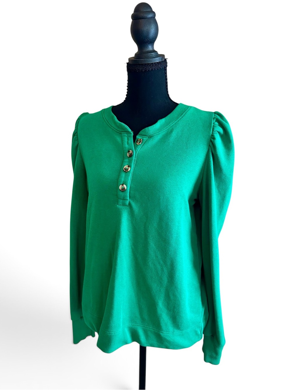 LOFT Emerald Green Puff-Sleeve Henley Sweatshirt